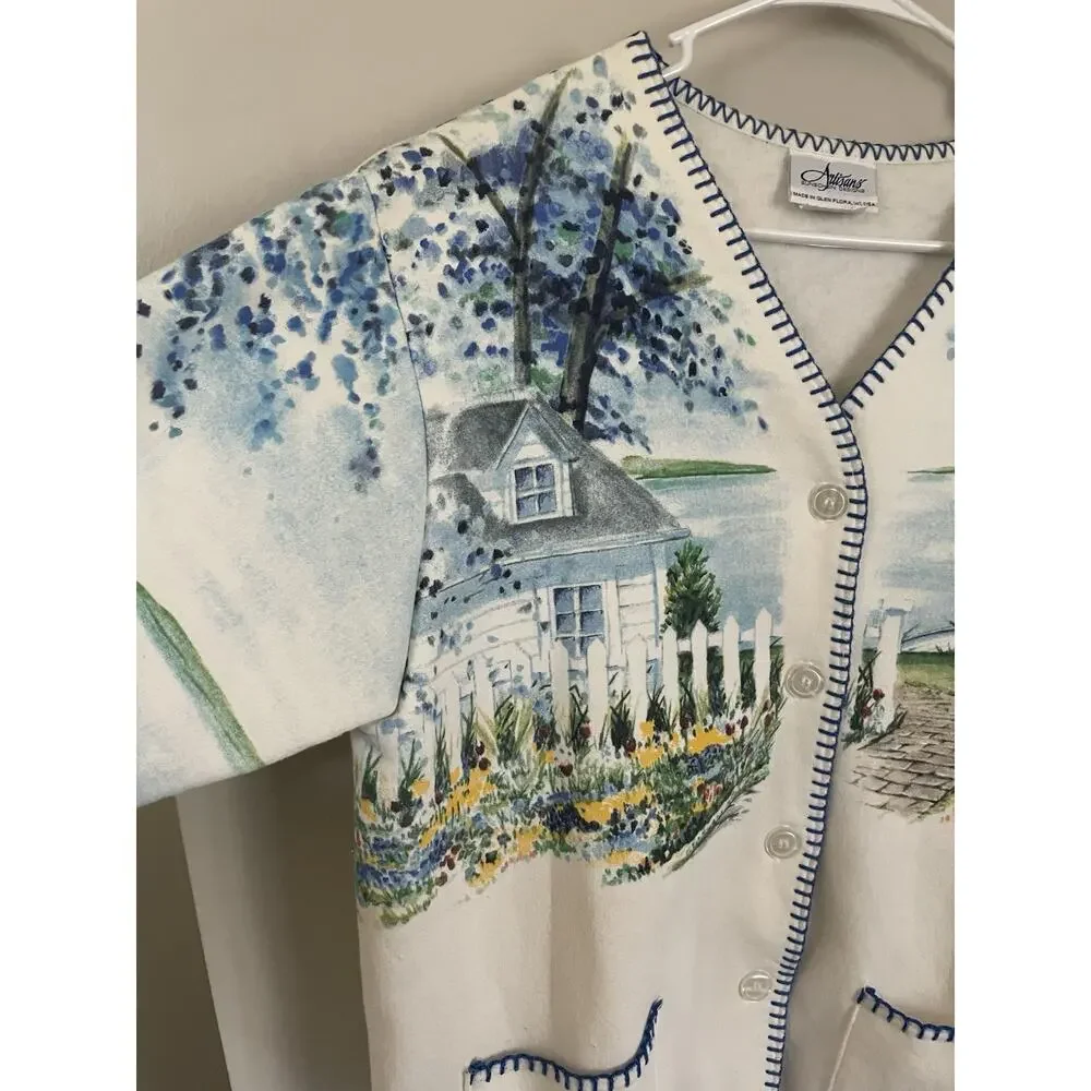 Vtg Artisan Sunchein Designs Cardigan Sweater Coastal Seaside Lighthouse Flowers - Picture 2 of 8